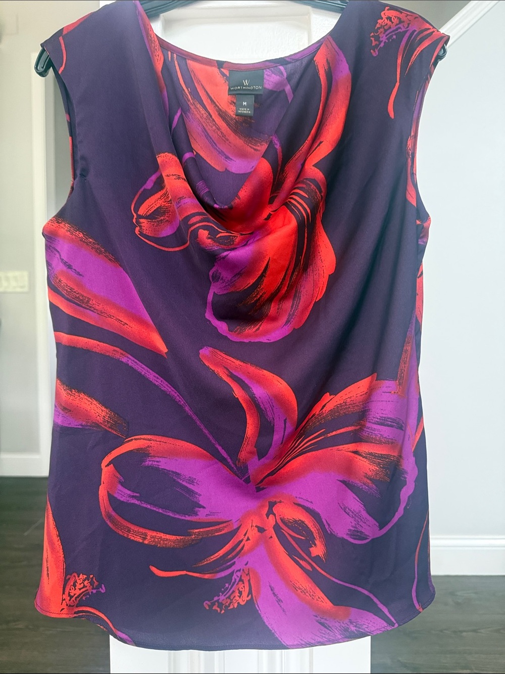 Worthington Purple Cowl Neck Floral Blouse with Red & Magenta Blooms M